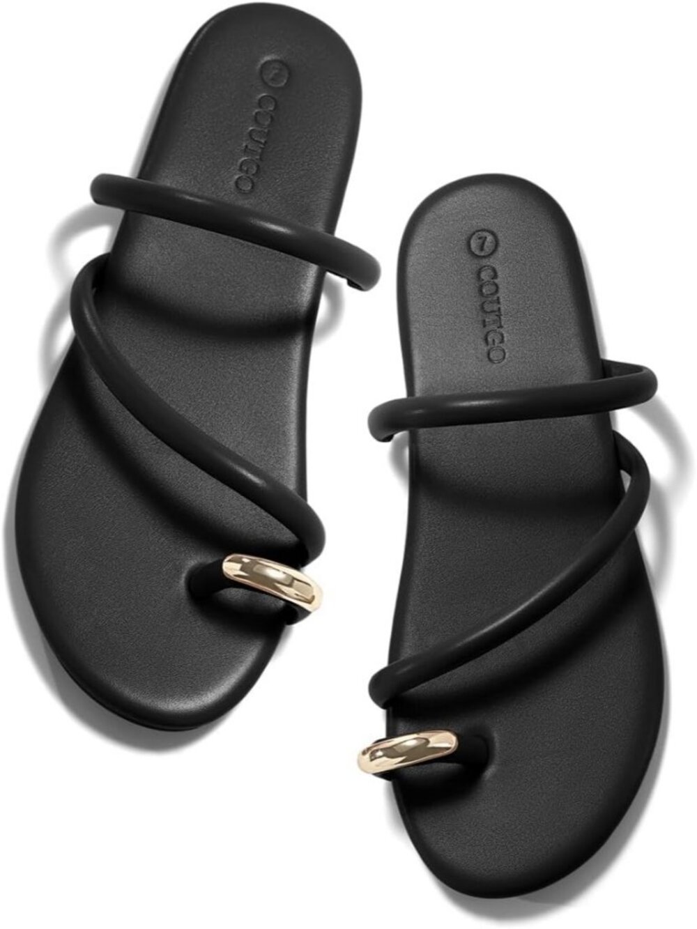 Women's Black Summer Square Open Toe Flip Flops Slides Ring Toe Strappy Flats
